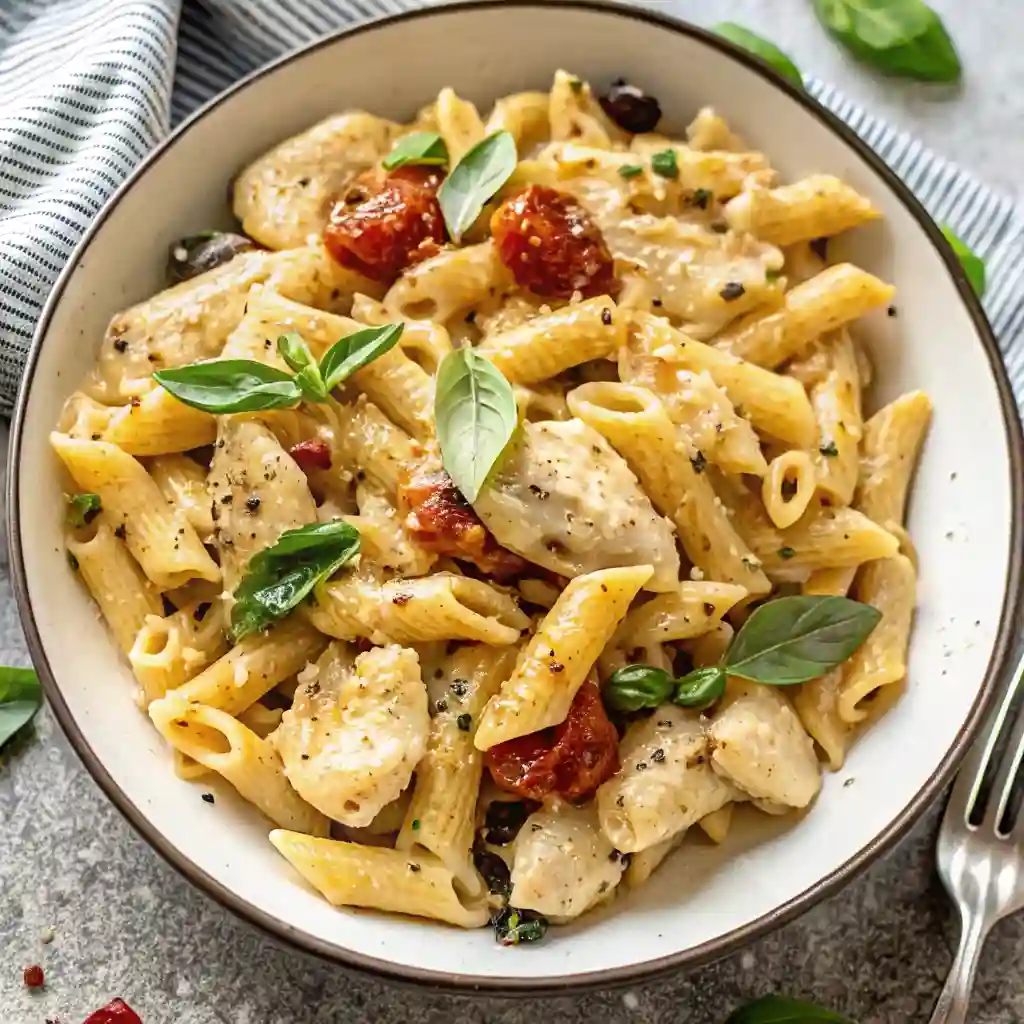 Marry Me Chicken Pasta A bowl of creamy penne pasta with chunks of chicken, sun-dried tomatoes, and garnished with fresh basil leaves, Marry Me Chicken Pasta