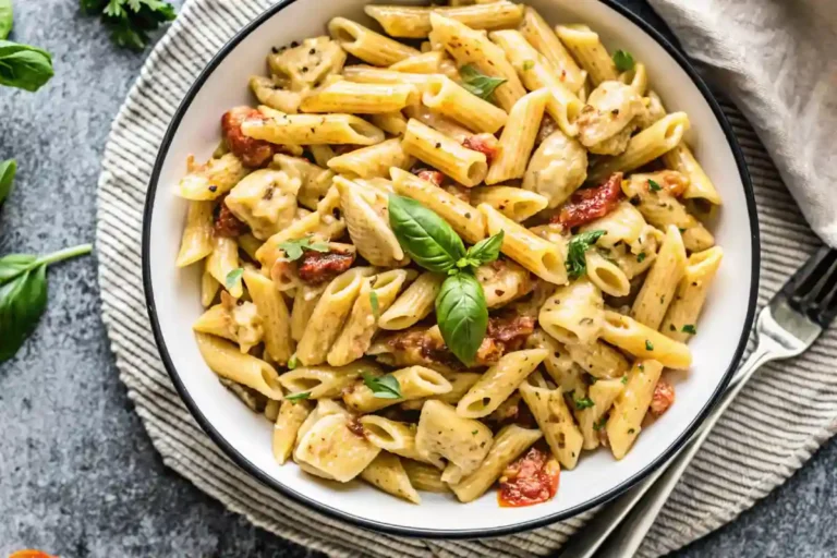 A bowl of creamy penne pasta with chunks of chicken, sun-dried tomatoes, and garnished with fresh basil leaves, served on a striped napkin with a fork and knife on the side
