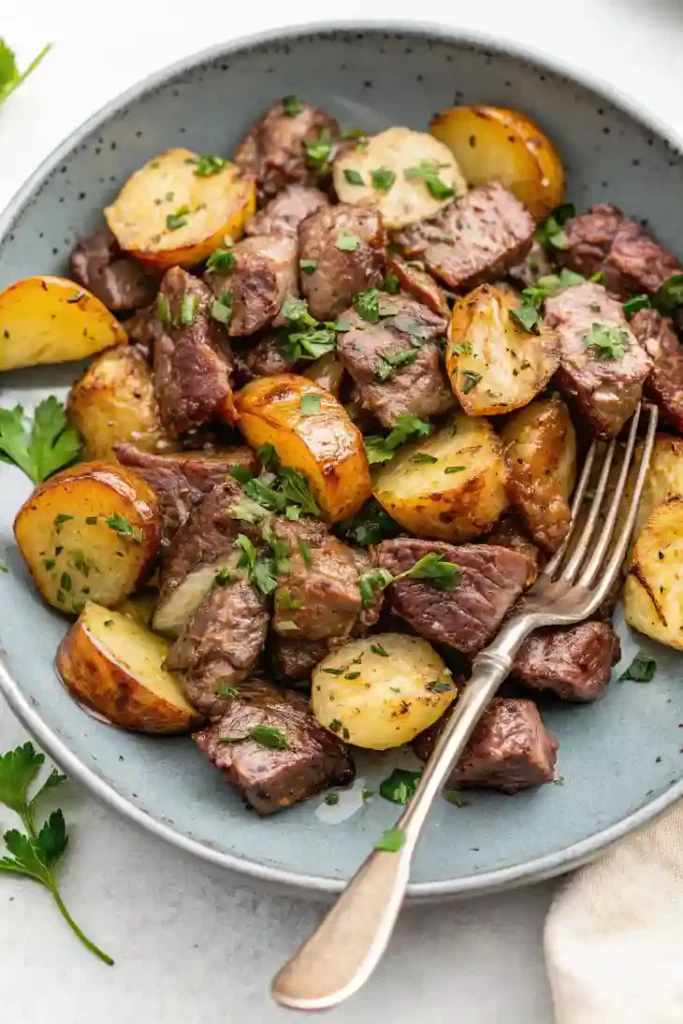 Cooked beef and potato dish served in a gray bowl with fresh herbs and a fork