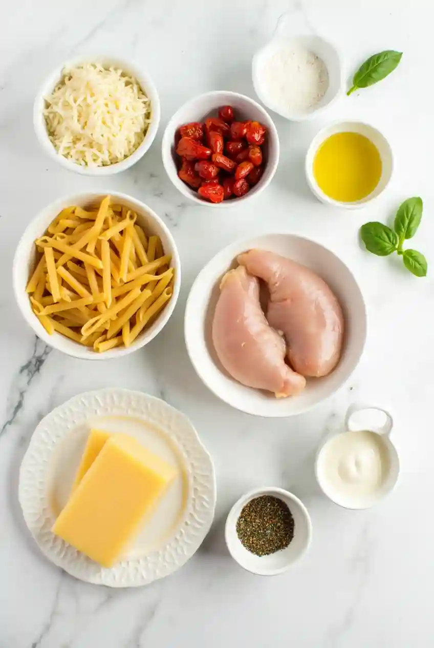 Marry Me Chicken Pasta Flat lay of ingredients for a creamy chicken pasta dish, including raw chicken breasts, penne pasta, shredded cheese, sun-dried tomatoes, olive oil, grated Parmesan, heavy cream, herbs, and fresh basil on a whit