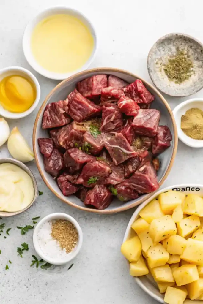 Raw beef cubes in center bowl surrounded by ingredients including diced potatoes, seasonings, herbs, and cooking liquids arranged for meal preparation