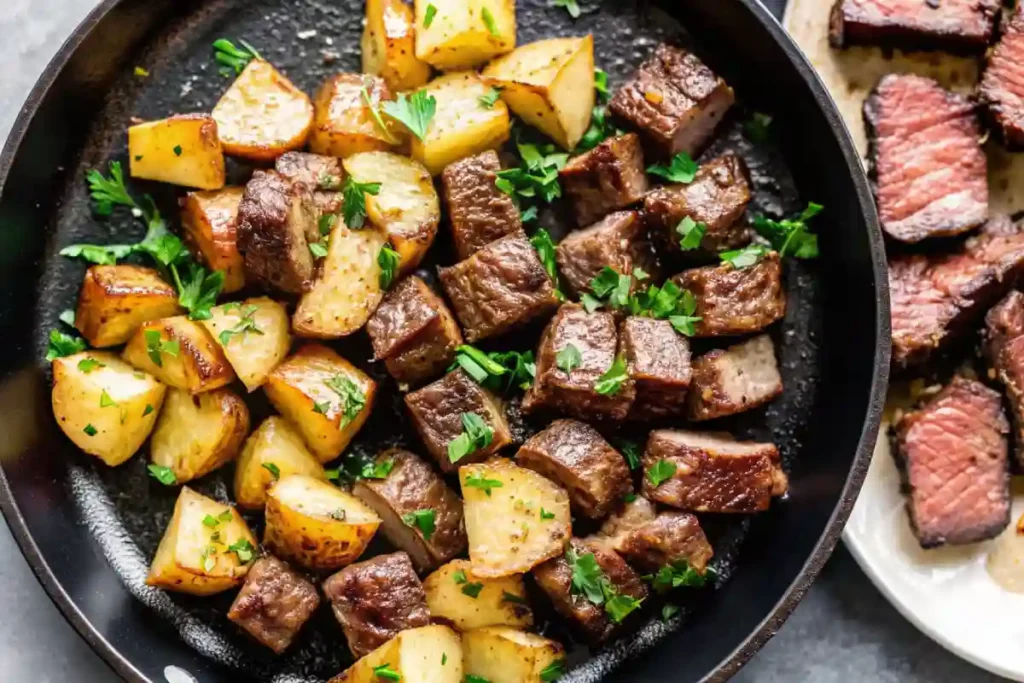 Skillet with garlic butter steak bites and roasted potatoes garnished with fresh parsley