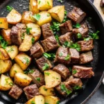 Skillet with garlic butter steak bites and roasted potatoes garnished with fresh parsley